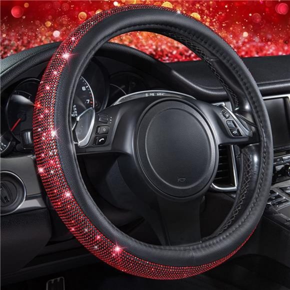 Red Diamond Black Leather Steering Wheel Cover, with Bling Crystal Rhinestones - Picture 1 of 6
